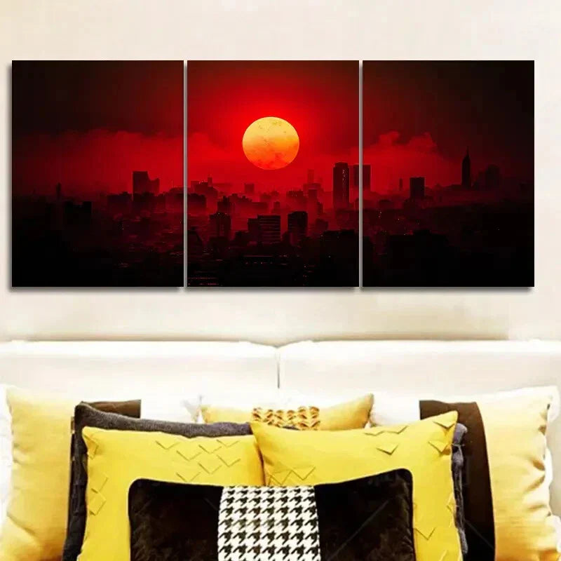 3pcs The moon over the city Metal Print Ready to Hang Art