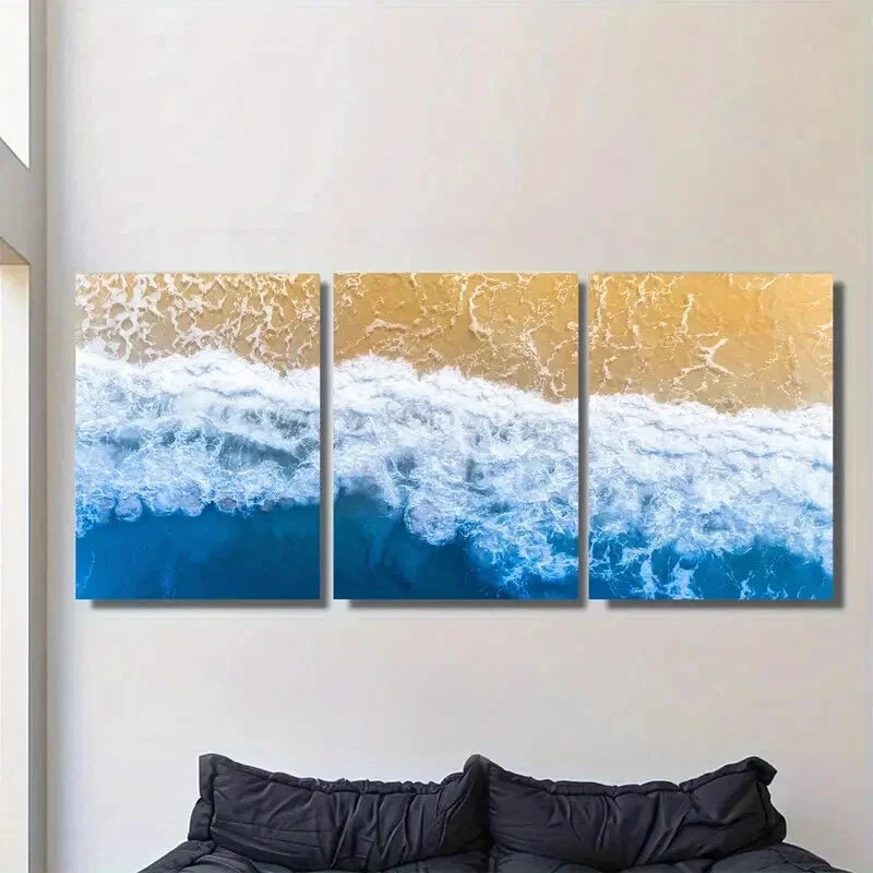 3pcs Coastal Ocean Wave Triptych Vibrant Blue Metal Print Ready to Hang Art