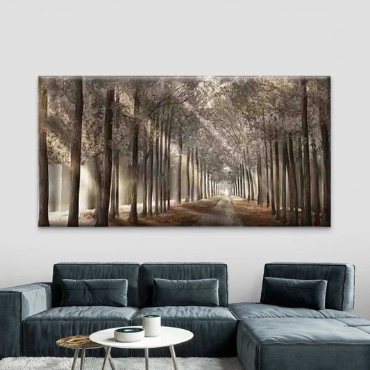 Misty Trees and Sunlit Pathway Wall Art Canvas Office Home Room Framed 80x45cm
