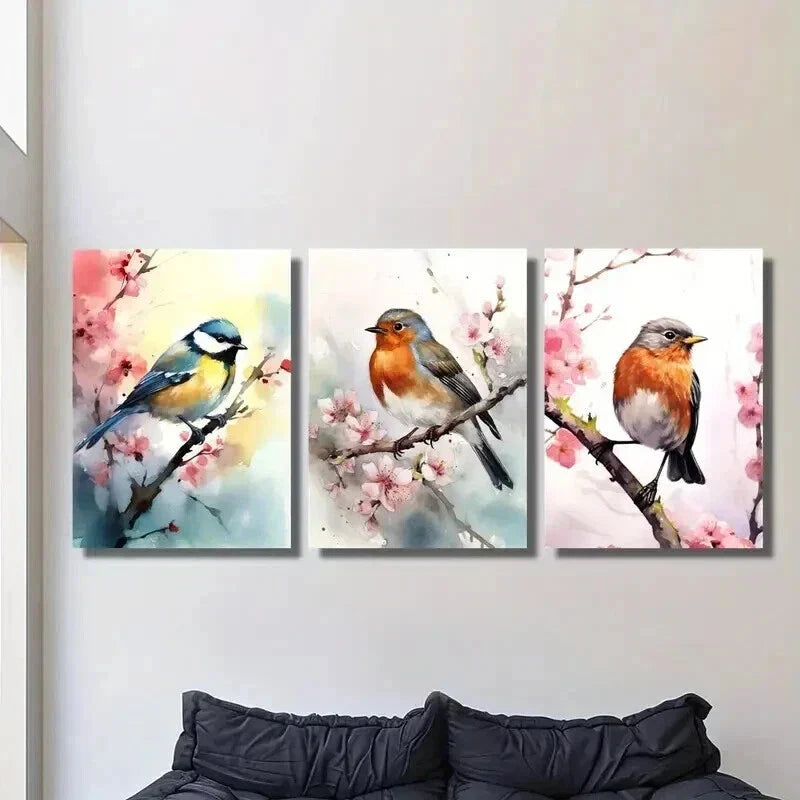 3pcs Titmouse on a Flowering Branch Wall Art Set Canvas Framed 40x60cm - High Quality Print 100% Australian Made Wall Canvas Ready to Hang
