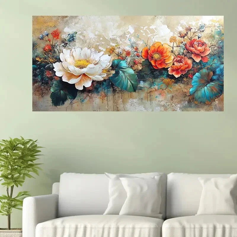 Vibrant Floral Orange White Wall Art Canvas Office Home Room Framed 120x60cm