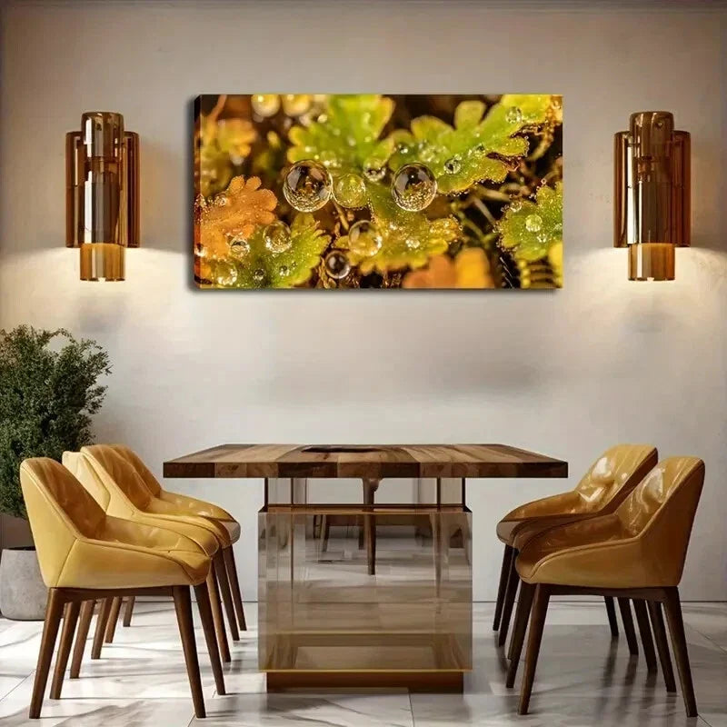 Vibrant Water Droplets Leacves Wall Art Canvas Office Home Room Framed 120x60cm