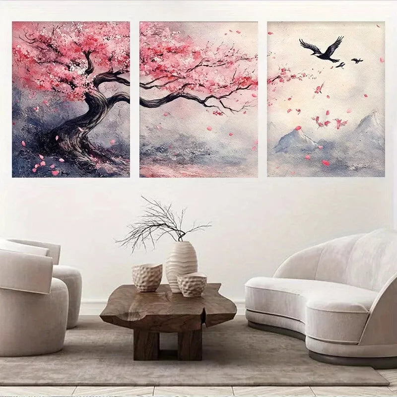 3pcs Cherry Blossom Tree and Flying Birds Wall Art Set Canvas Framed 40x60cm - High Quality Print 100% Australian Made Wall Canvas Ready to Hang