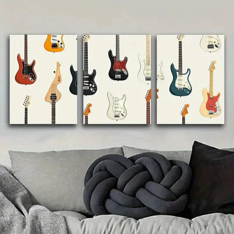 3pcs Guitar illustration Art Painting Metal Print Ready to Hang Art