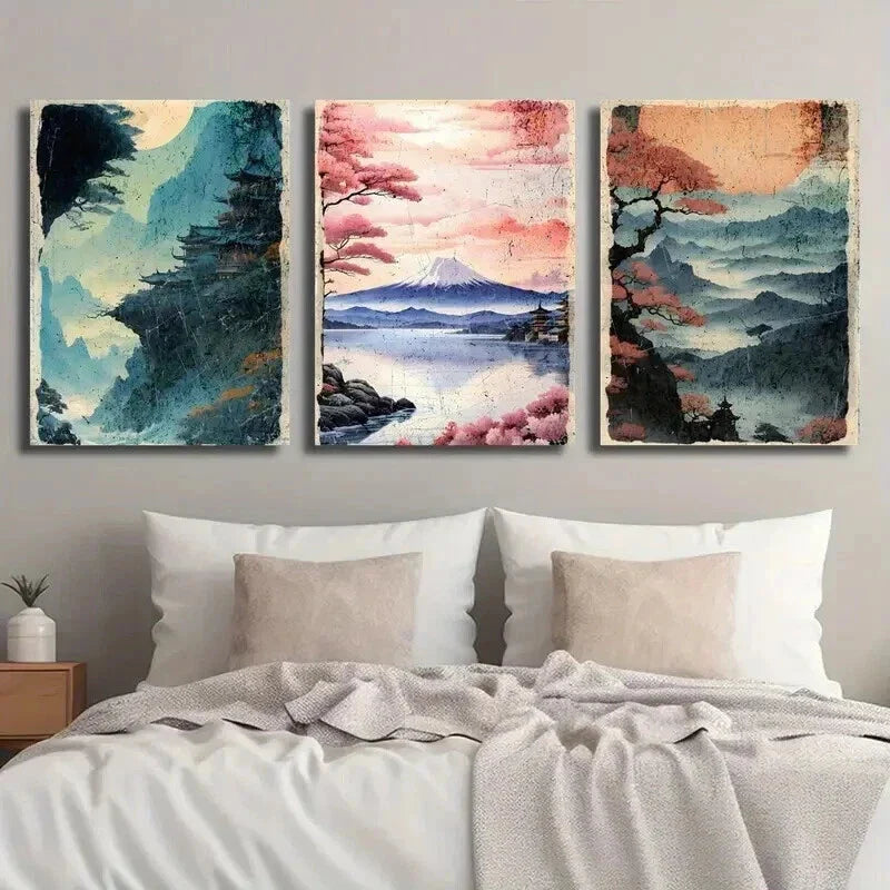 3pcs Vibrant Mount Fuji & Cherry Blossom Scenes Wall Art Set Canvas Framed 40x60cm - High Quality Print 100% Australian Made Wall Canvas Ready to Hang