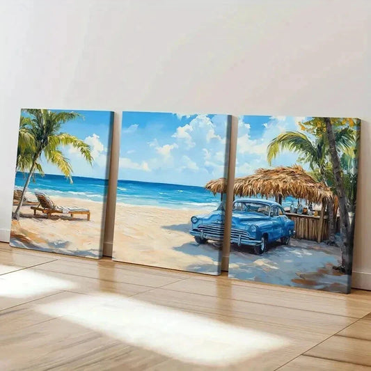 3pcs Beach Ocean Palm Trees & Vintage Car Wall Art Set Canvas Framed 40x60cm - High Quality Print 100% Australian Made Wall Canvas Ready to Hang