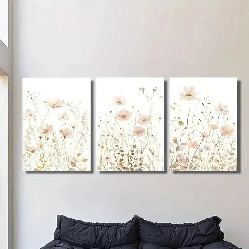 3pcs Soft Pink And Golden Wildflowers Wall Art Set Canvas Framed 40x60cm - High Quality Print 100% Australian Made Wall Canvas Ready to Hang