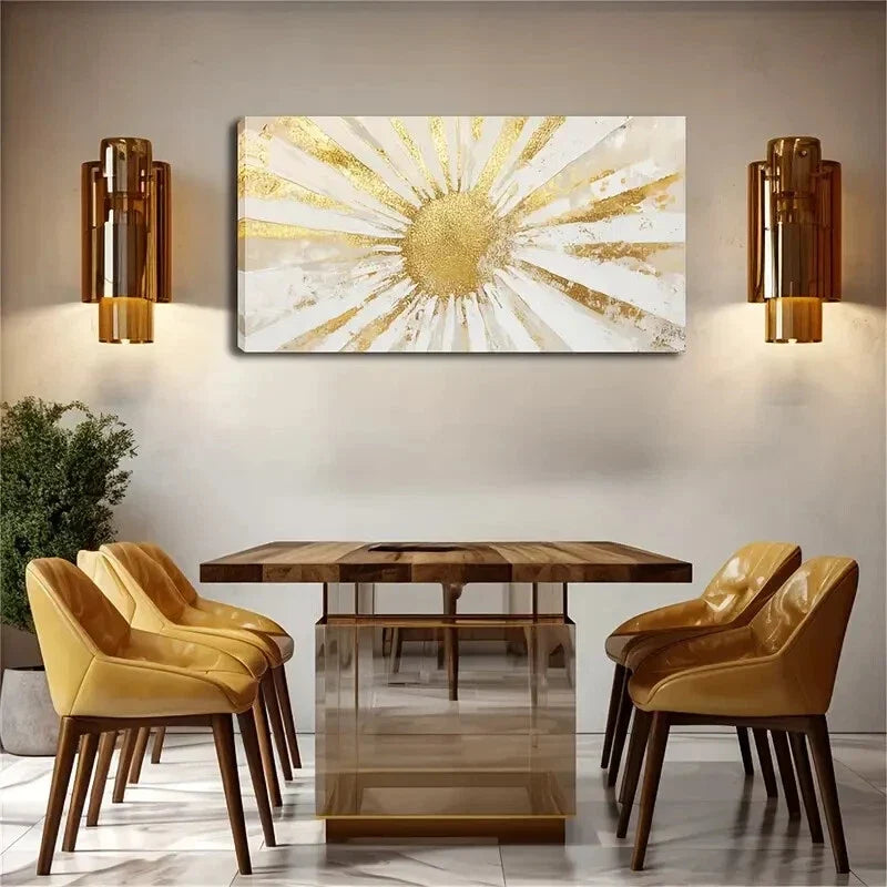 Golden Circular Center Stripes Wall Art Canvas Office Home Room Framed 120x60cm