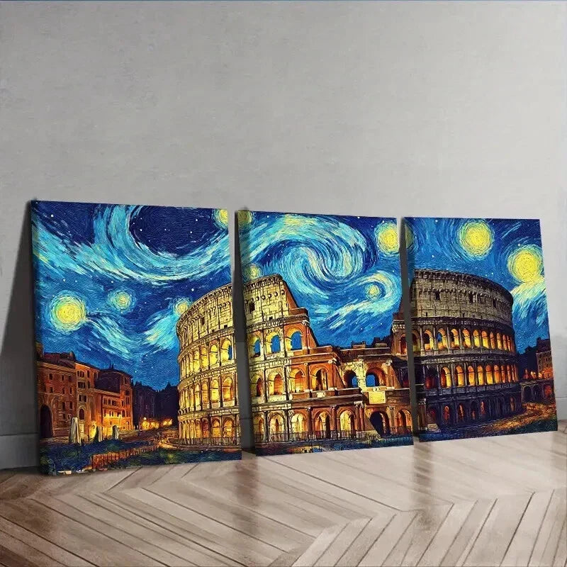 3pcs Starry Night Colosseum Colorful Perfect Wall Art Set Canvas Framed 40x60cm - High Quality Print 100% Australian Made Wall Canvas Ready to Hang