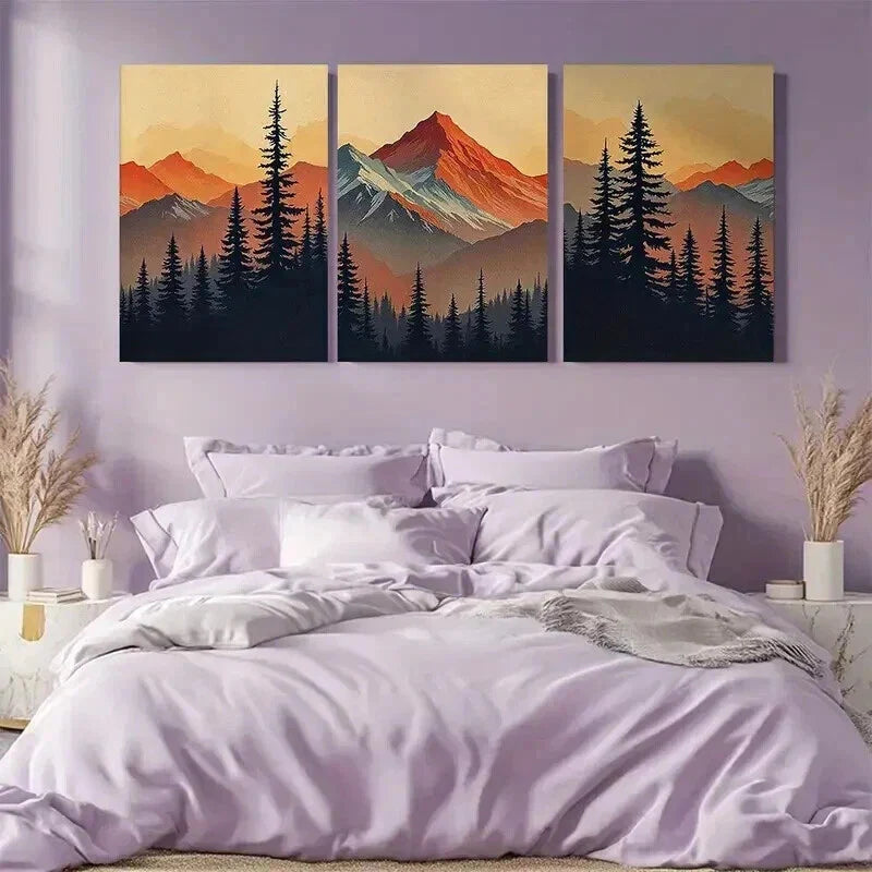 3pcs Rustic Mountain Forest at Sunset Wall Art Set Canvas Framed 40x60cm - High Quality Print 100% Australian Made Wall Canvas Ready to Hang