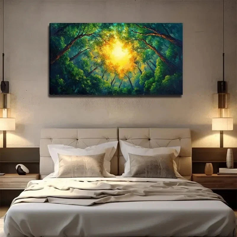 Treetop Sunshine Suitable Wall Art Canvas Office Home Room Framed 80x45cm