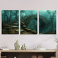 3pcs Eerie Forest Pathway Scene with Stone Bridge Metal Print Ready to Hang Art