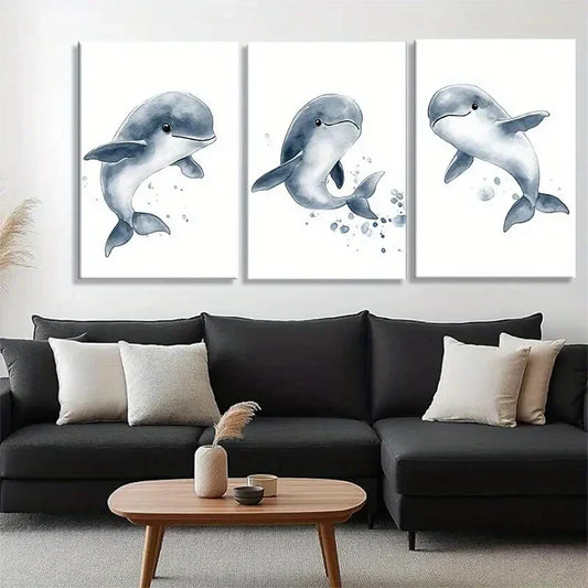 3pcs Playful Dolphin Energetic Sea Perfect Wall Art Set Canvas Framed 40x60cm - High Quality Print 100% Australian Made Wall Canvas Ready to Hang