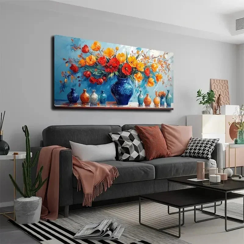 Vibrant Blue Vase Red Tulips Wall Art Canvas Office Home Room Framed 120x60cm
