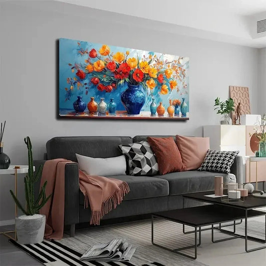 Vibrant Blue Vase Red Tulips Wall Art Canvas Office Home Room Framed 120x60cm