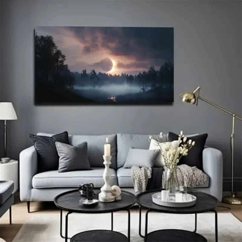 Minimalist Solar Eclipse Fores Wall Art canvas office home room framed 120x60cm
