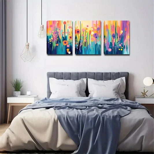 3pcs  Vibrant Floral With Pink, Yellow, Blue  Wall Art Set Canvas Framed 40x60cm - High Quality Print 100% Australian Made Wall Canvas Ready to Hang