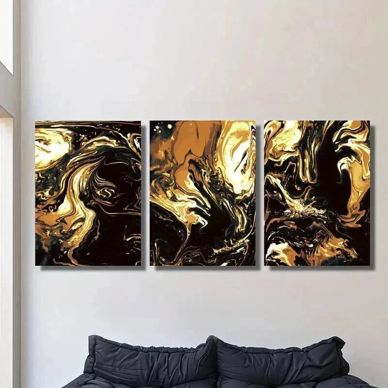 3pcs Luxurious Black & Golden Marble Design Wall Art Set Canvas Framed 40x60cm - High Quality Print 100% Australian Made Wall Canvas Ready to Hang