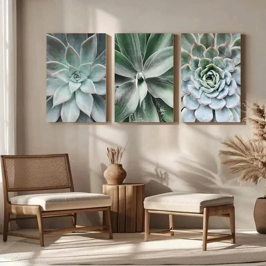 3pcs Vibrant Green & Blue Aloe Vera & Echeveria Metal Print Ready to Hang Art