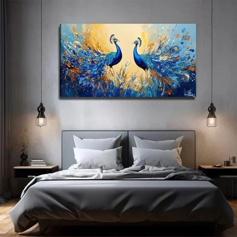 A Pair Of Loving Peacocks Wall Art Canvas Office Home Room Framed 120x60cm