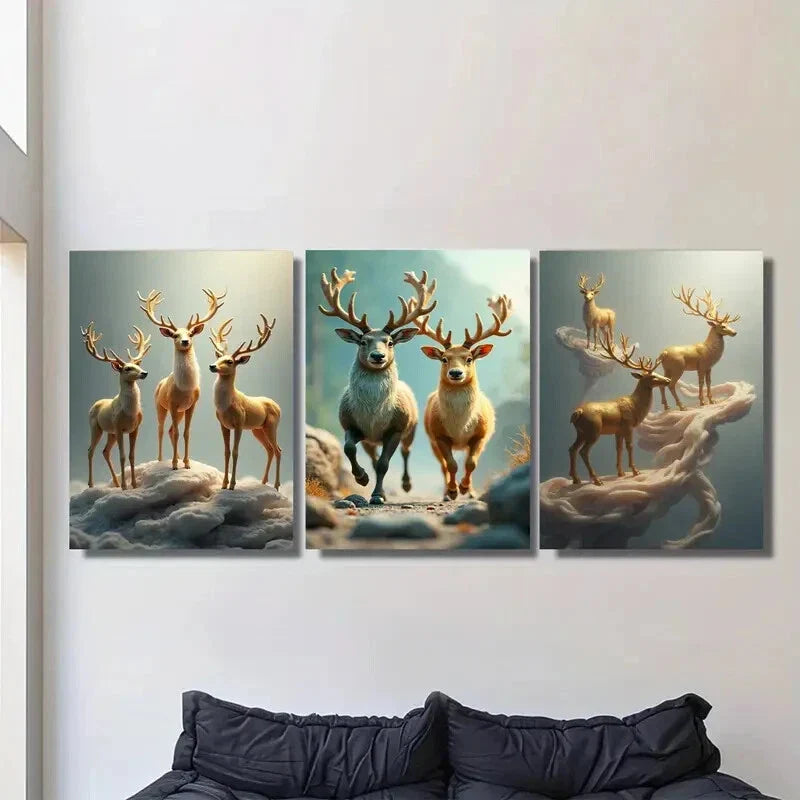 3pcs Elegant Classic Deer Forest Metal Print Ready to Hang Art