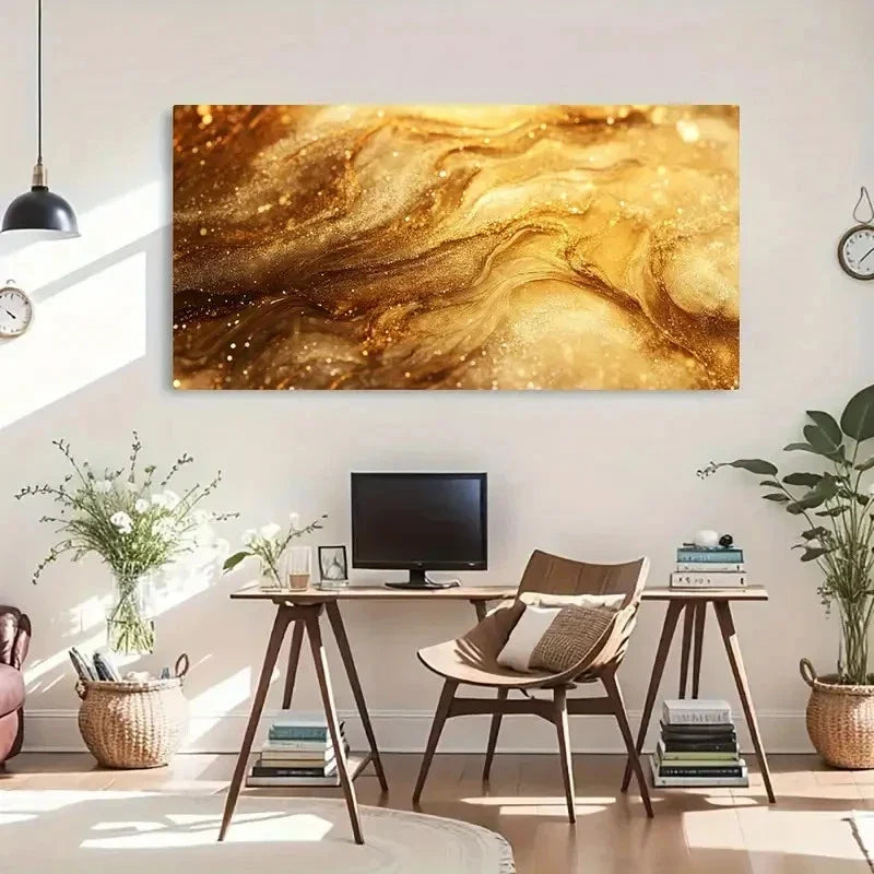 Farmhouse Golden Swirl Abstract Wall Art Canvas Office Home Room Framed 120x60cm