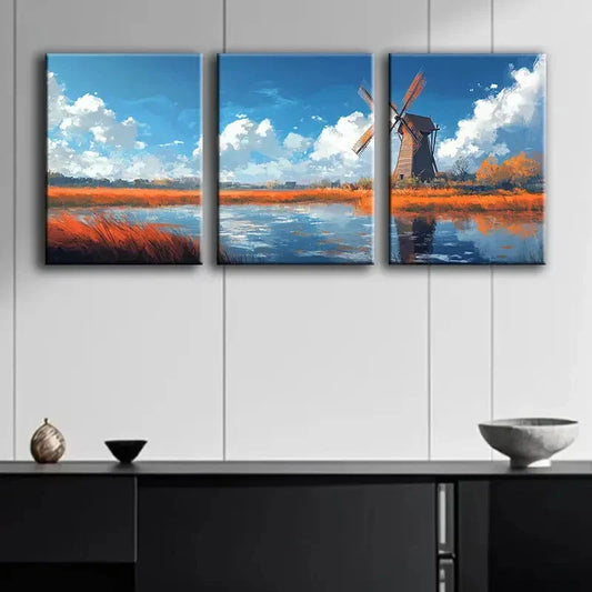 3pcs A Windmill on the Water Perfect Wall Art Set Canvas Framed 40x60cm - High Quality Print 100% Australian Made Wall Canvas Ready to Hang