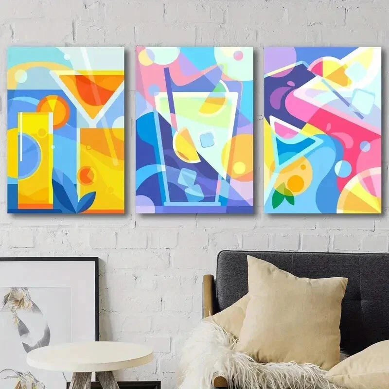 3pcs Colorful Abstract Cocktail Drink & Straw Wall Art Set Canvas Framed 40x60cm - High Quality Print 100% Australian Made Wall Canvas Ready to Hang