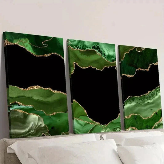 3pcs Dark Green Stone Texture with Golden Accent Wall Art Set Canvas Framed 40x60cm - High Quality Print 100% Australian Made Wall Canvas Ready to Hang