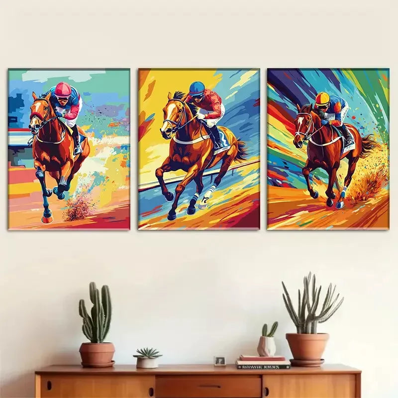 3pcs colorful pop art style Horse Racing  Wall Art Set Canvas Framed 40x60cm - High Quality Print 100% Australian Made Wall Canvas Ready to Hang