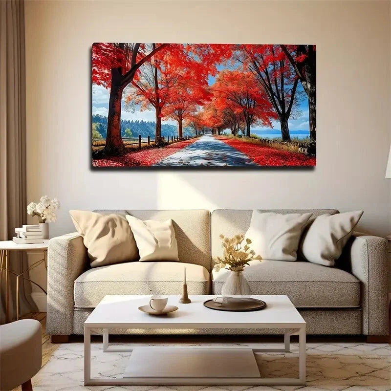 Vibrant Red Maple Leaf Pathway Wall Art Canvas Office Home Room Framed 120x60cm