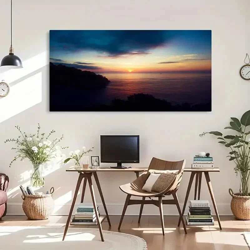 Serene Ocean Sunset Vintage Wall Art Canvas Office Home Room Framed 80x45cm