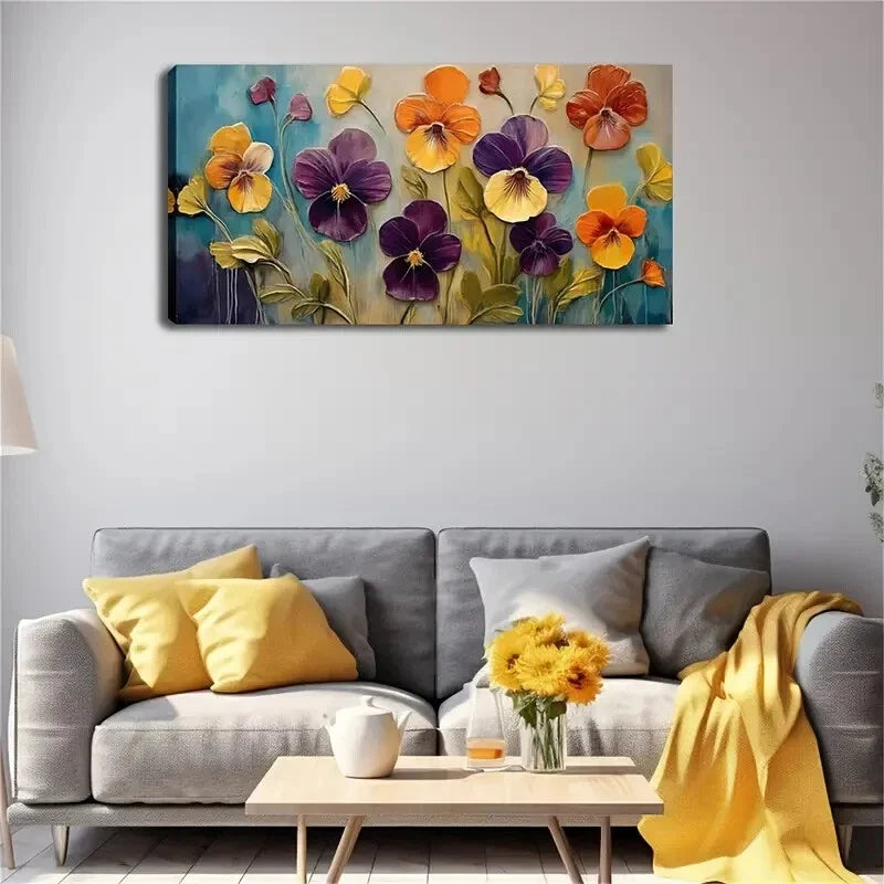 Violets & Hydrangeas Pansies Wall Art Canvas Office Home Room Framed 120x60cm