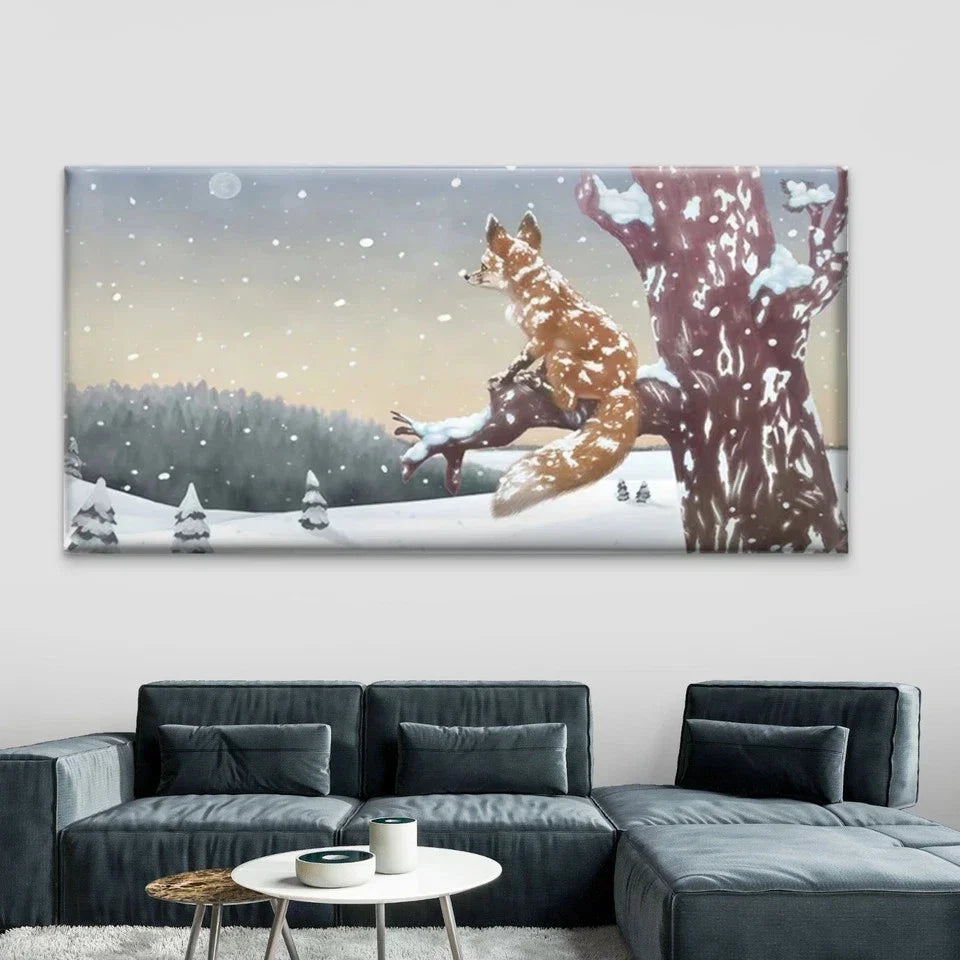 Classic Fox in Snowy Forest Wall Art Canvas Office Home Room Framed 80x45cm