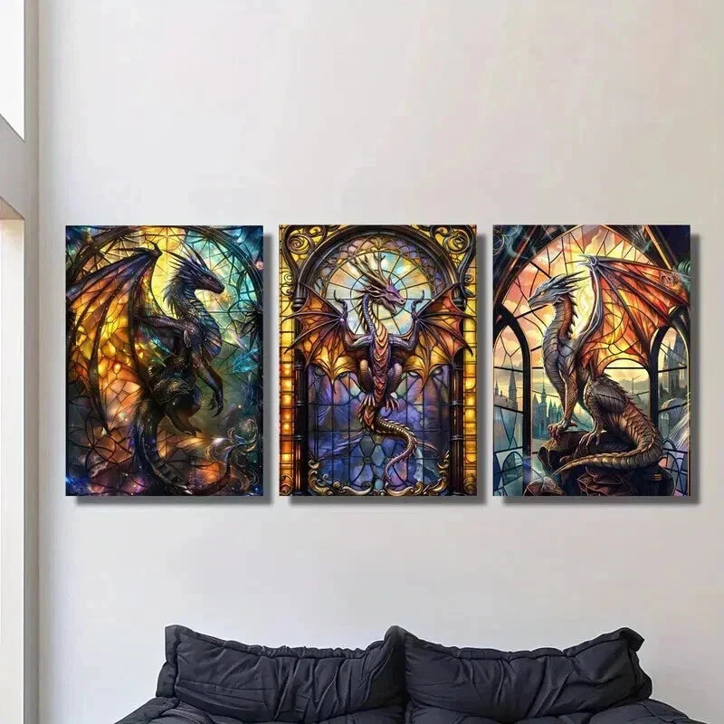 3pcs Science Fiction Dragon Illustrations Wall Art Set Canvas Framed 40x60cm - High Quality Print 100% Australian Made Wall Canvas Ready to Hang
