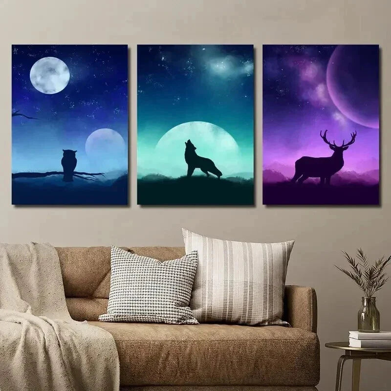 3pcs Moon Starry Sky Animal Owl Wolf and Deer Wall Art Set Canvas Framed 40x60cm - High Quality Print 100% Australian Made Wall Canvas Ready to Hang