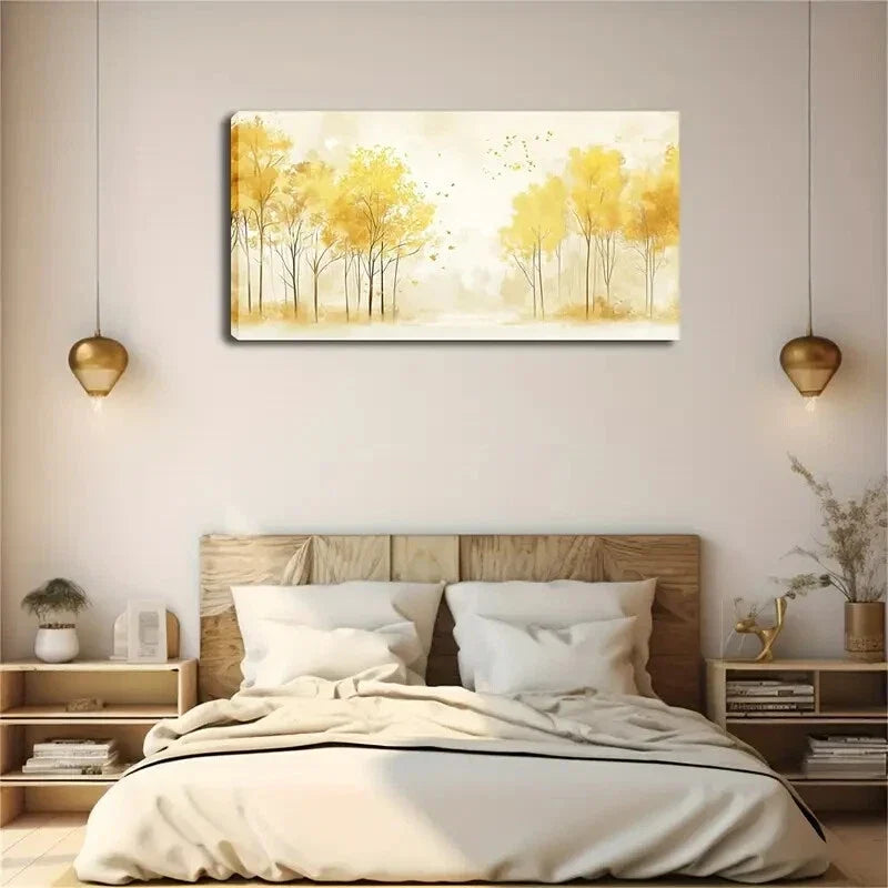 Golden Falling Leaves Design Wall Art Canvas Office Home Room Framed 80x45cm