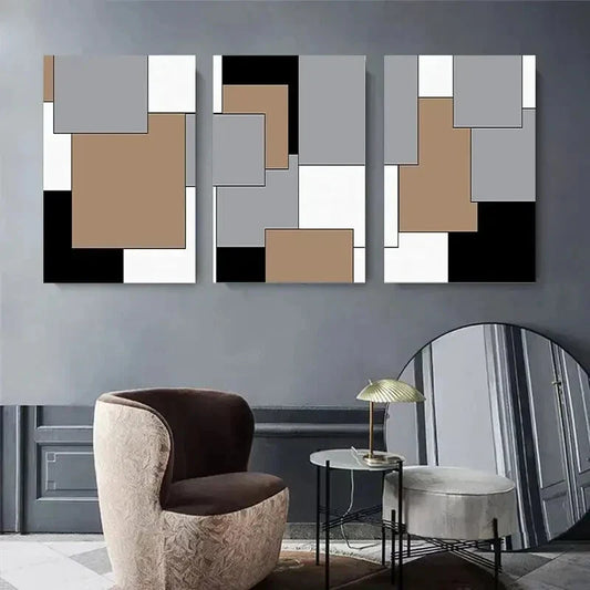 3pcs Modern Rectangular Shapes in Black, White Metal Print Ready to Hang Art