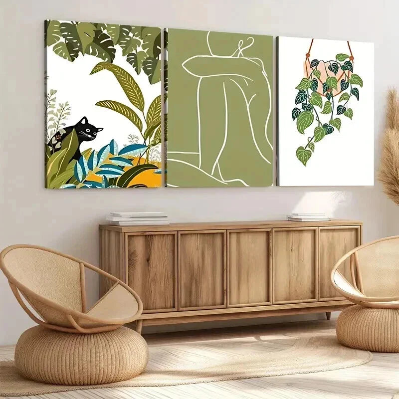 3pcs Abstract Classic Modern Botanical Black Cat Wall Art Set Canvas Framed 40x60cm - High Quality Print 100% Australian Made Wall Canvas Ready to Hang