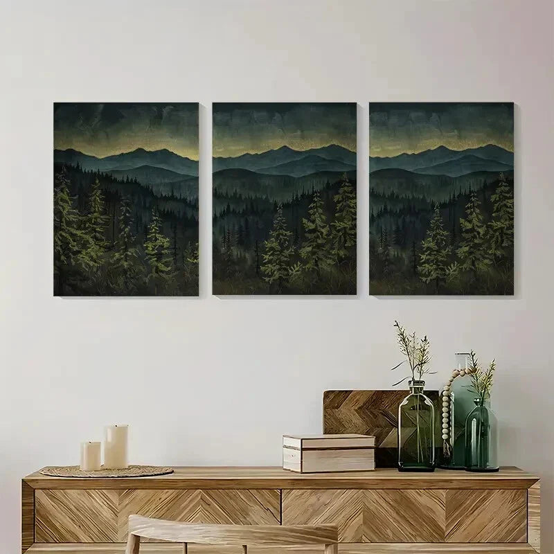 3pcs Dark Forest Mountain Range Triptych Wall Art Set Canvas Framed 40x60cm - High Quality Print 100% Australian Made Wall Canvas Ready to Hang