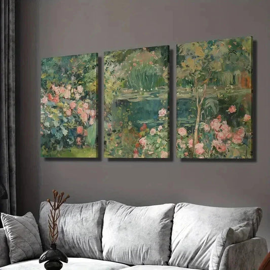 3pcs Vintage Garden Pond & Water Lilies Wall Art Set Canvas Framed 40x60cm - High Quality Print 100% Australian Made Wall Canvas Ready to Hang