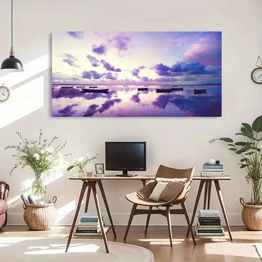 Serene Purple Sunset Seaside Wall Art Canvas Office Home Room Framed 120x60cm