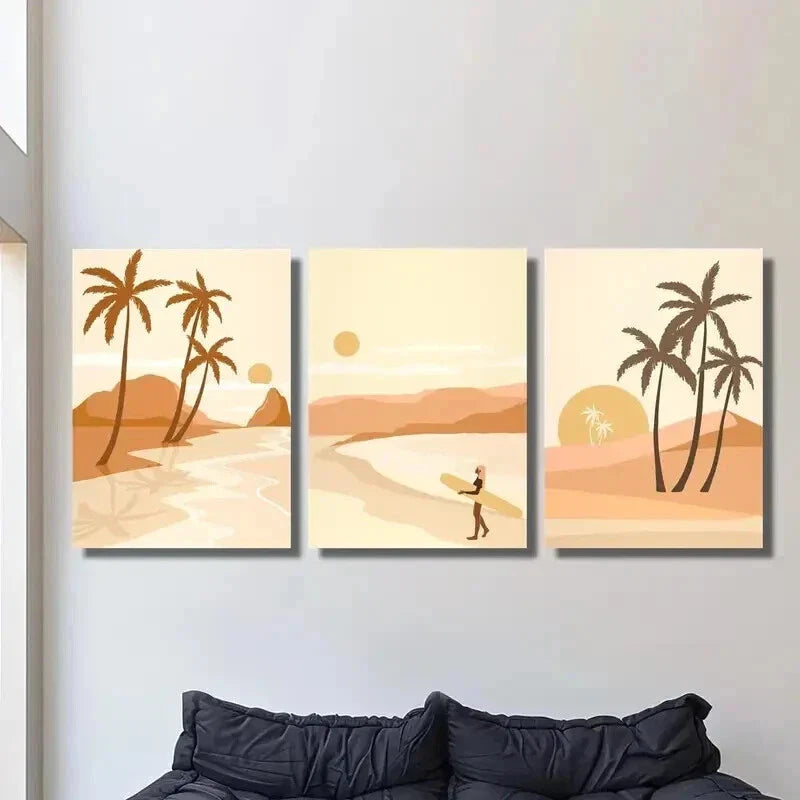 3pcs Palm Trees at Sunset Surfer on the Shore Wall Art Set Canvas Framed 40x60cm - High Quality Print 100% Australian Made Wall Canvas Ready to Hang
