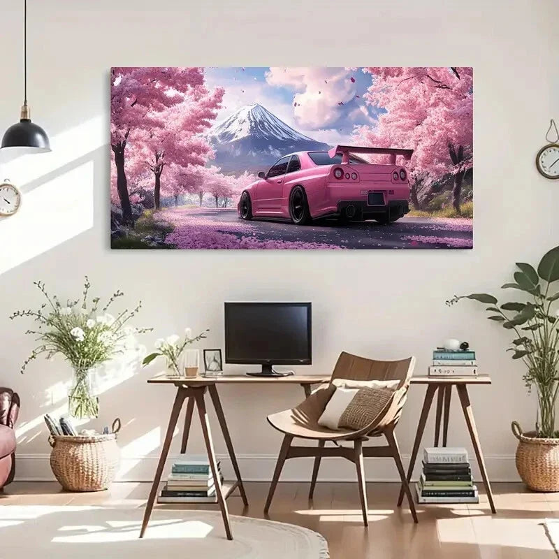Blossoms & Pink Car Modern Wall Art Canvas Office Home Room Framed 120x60cm