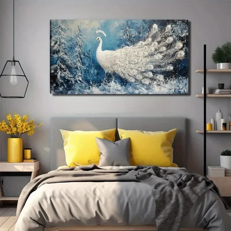 Peacock Modern Snowy Wall Art Canvas Office Home Room Framed 120x60cm