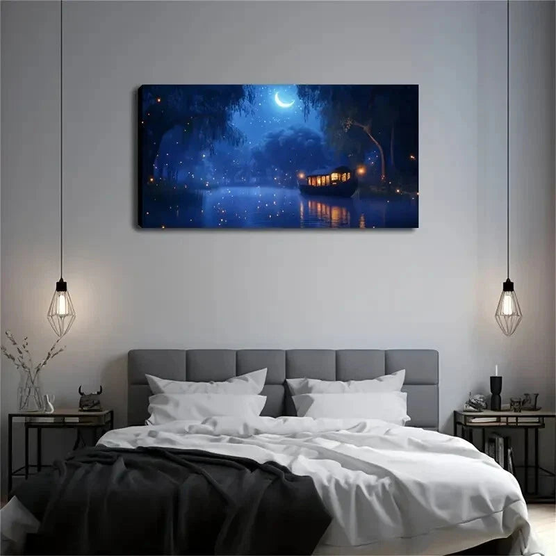 Water Village Scene Lantern Wall Art Canvas Office Home Room Framed 120x60cm