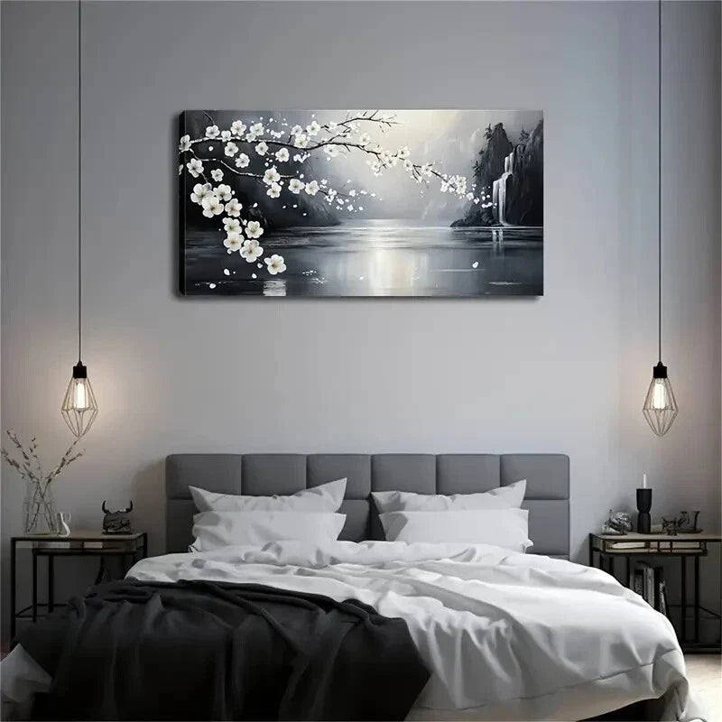 Serene White Blossoming Tree Wall Art Canvas Office Home Room Framed 120x60cm