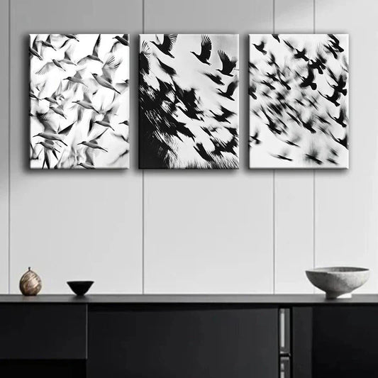 3pcs Black and White Birds Are Flying Metal Print Ready to Hang Art