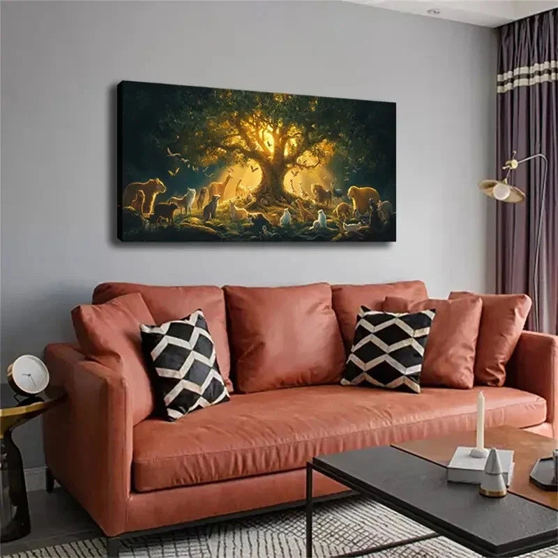 Animal Gathering Scene Fantasy Wall Art Canvas Office Home Room Framed 80x45cm