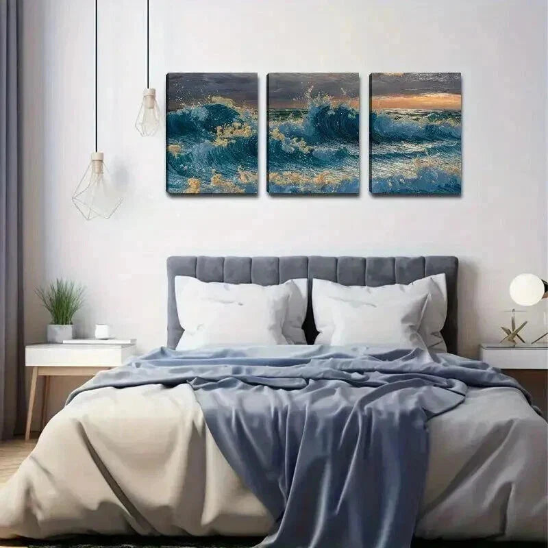 3pcs Ocean Waves in Blue & Golden Wall Art Set Canvas Framed 40x60cm - High Quality Print 100% Australian Made Wall Canvas Ready to Hang
